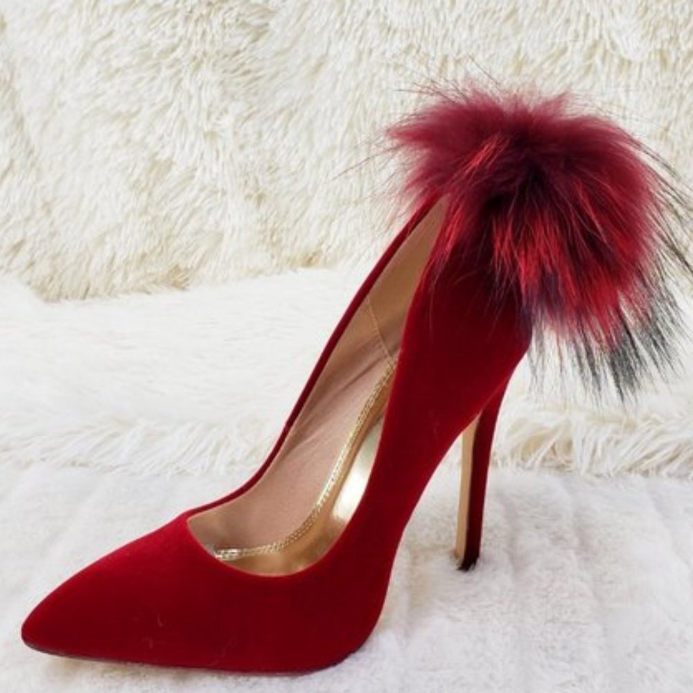 Liliana Boom Maroon Velvet Pompom Fur Pumps With 5" Stilleto Heels